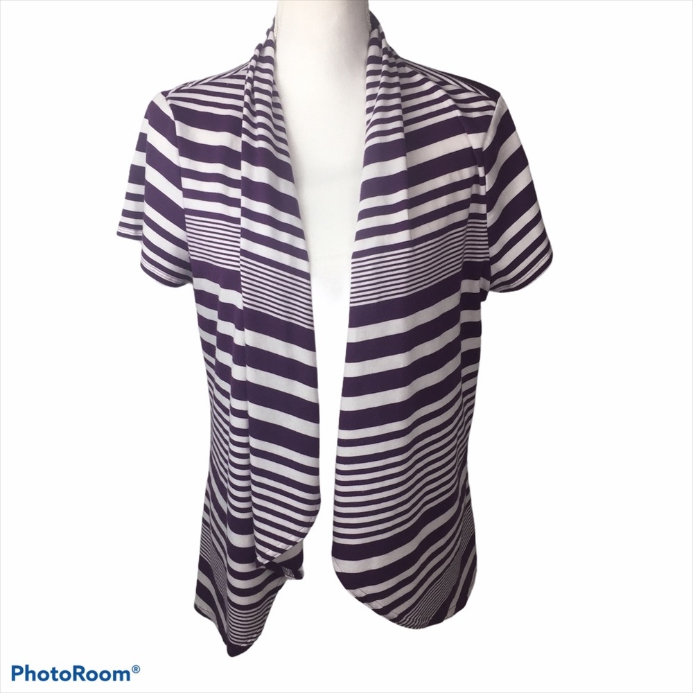 Purple White Short Sleeve Cardigan Lightweight Large Striped Summer Layering